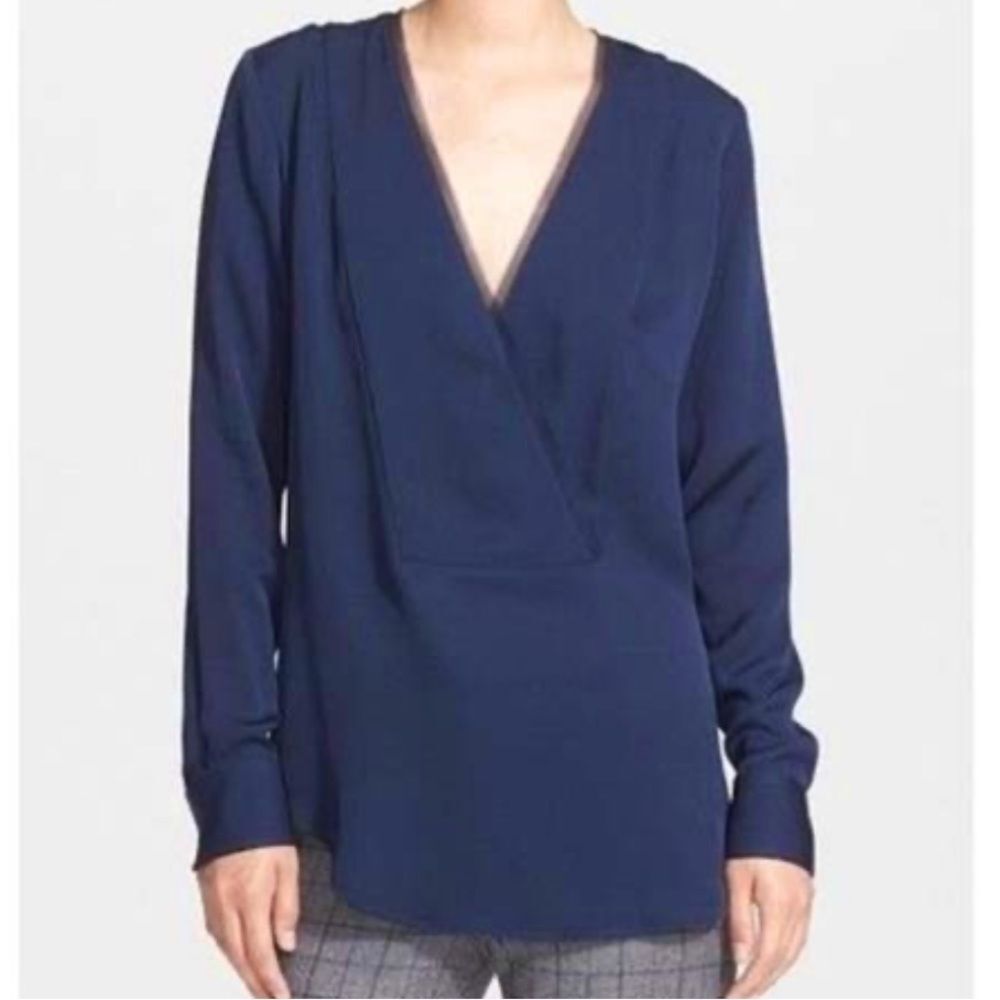 Theory Navy Blue Silk Long Sleeve Pullover Blouse Top